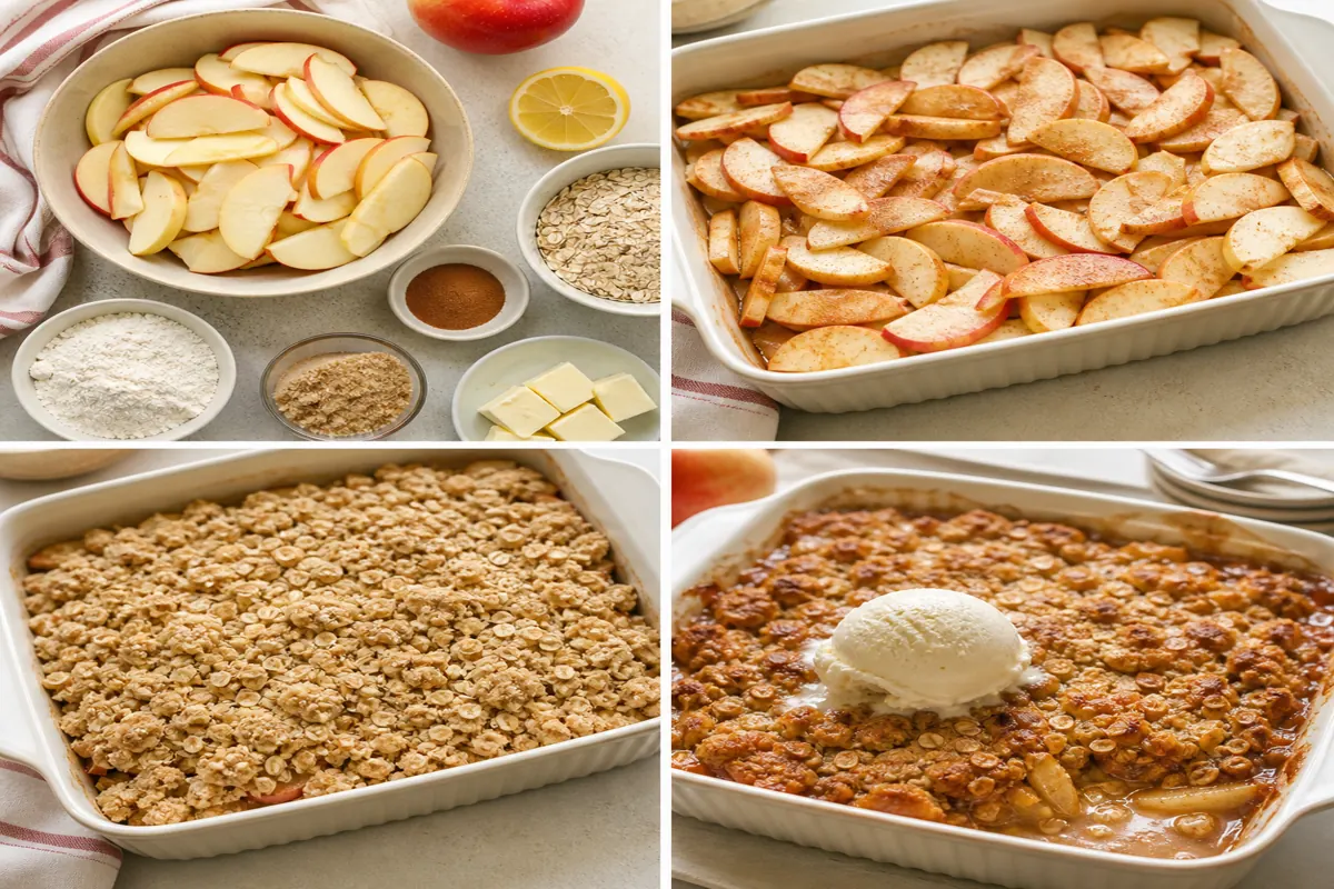 Cinnamon apple oat crisp from prepared apples through topping and golden baking