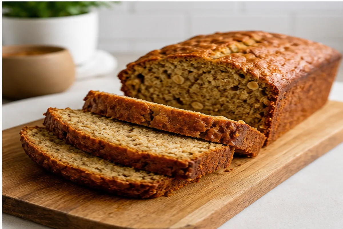 Banana oat bread from measured ingredients through mixing, filling the pan, and slicing