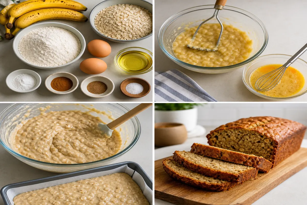 Banana oat bread from measured ingredients through mixing, filling the pan, and slicing
