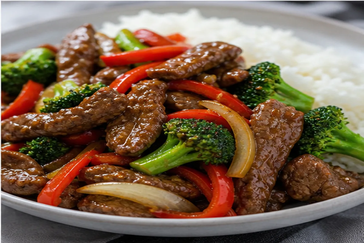 Beef and vegetable stir-fry from sliced ingredients through sauce mixing, searing, and serving