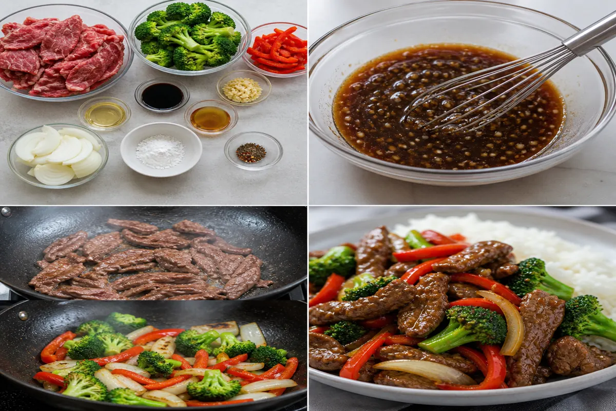 Beef and vegetable stir-fry from sliced ingredients through sauce mixing, searing, and serving