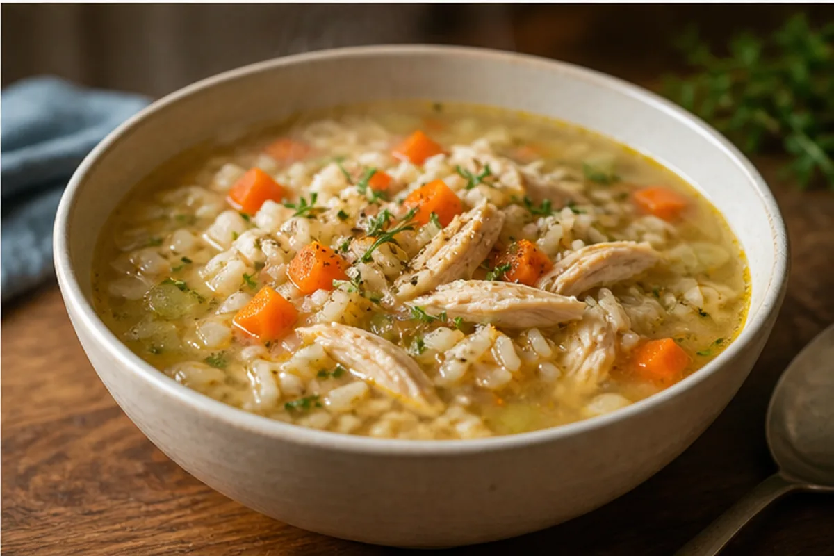 Chicken and brown rice soup from ingredients through sautéing, simmering, and serving