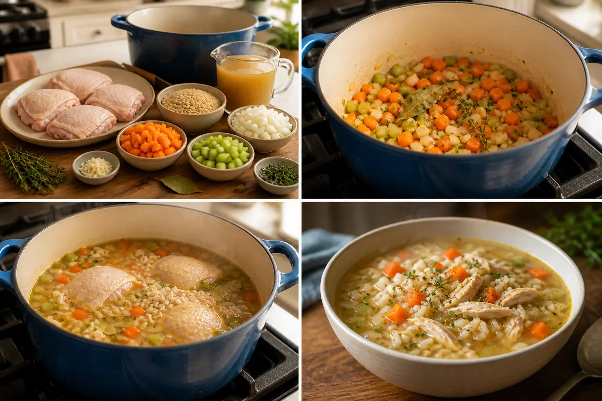 Chicken and brown rice soup from ingredients through sautéing, simmering, and serving
