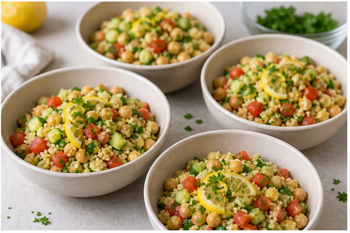 Lemon chickpea couscous lunch bowls from measured ingredients through steaming, mixing, and portioning