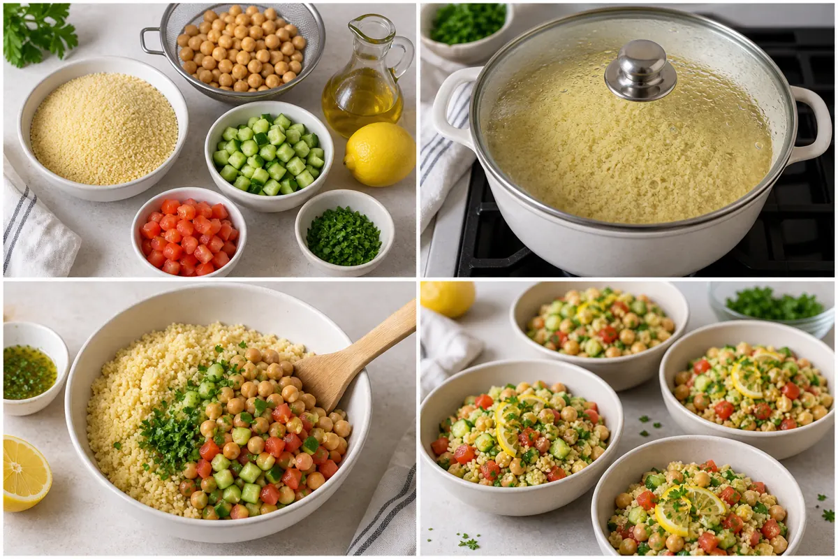 Lemon chickpea couscous lunch bowls from measured ingredients through steaming, mixing, and portioning