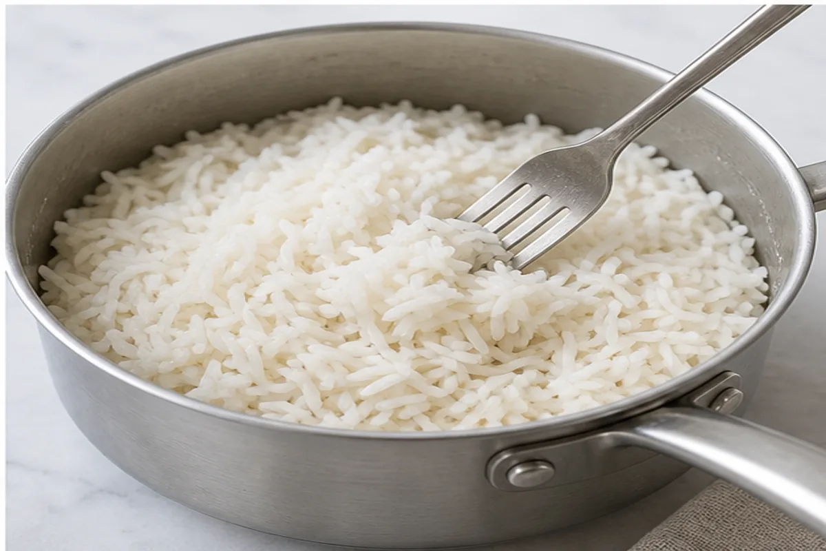 Reliable rice cooking method from measuring and rinsing through covered simmering and fluffing