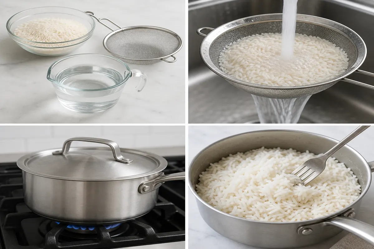 Reliable rice cooking method from measuring and rinsing through covered simmering and fluffing