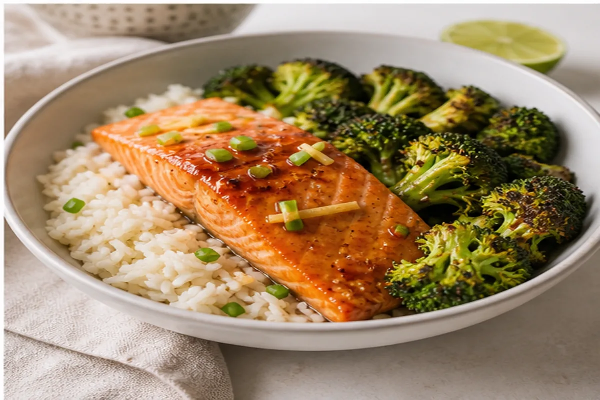 Ginger-lime salmon with broccoli and rice from ingredients through roasting and serving