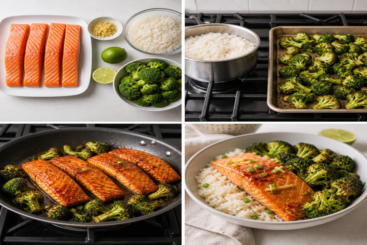Ginger-lime salmon with broccoli and rice from ingredients through roasting and serving