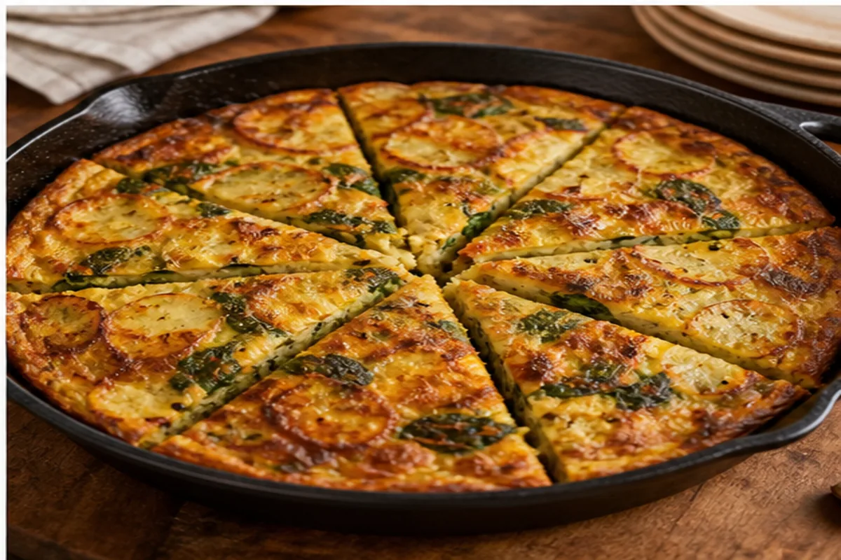 Potato and spinach frittata from ingredients through crisping potatoes, adding eggs, and baking