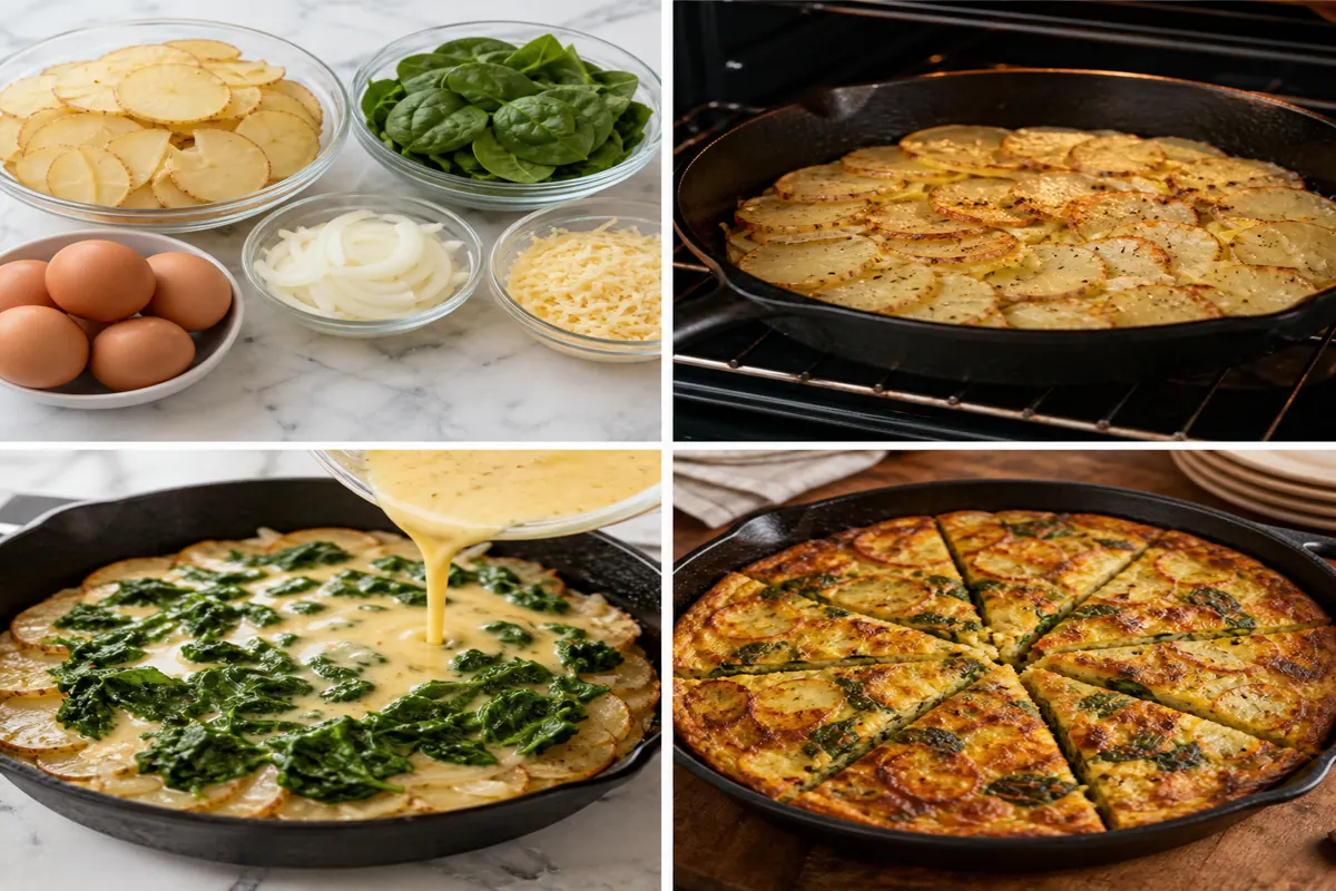 Potato and spinach frittata from ingredients through crisping potatoes, adding eggs, and baking