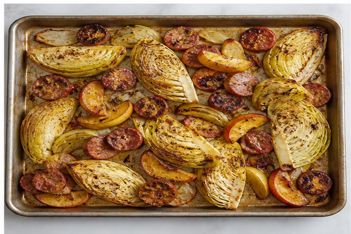 Sheet-pan sausage cabbage and apples through staged roasting and final browning