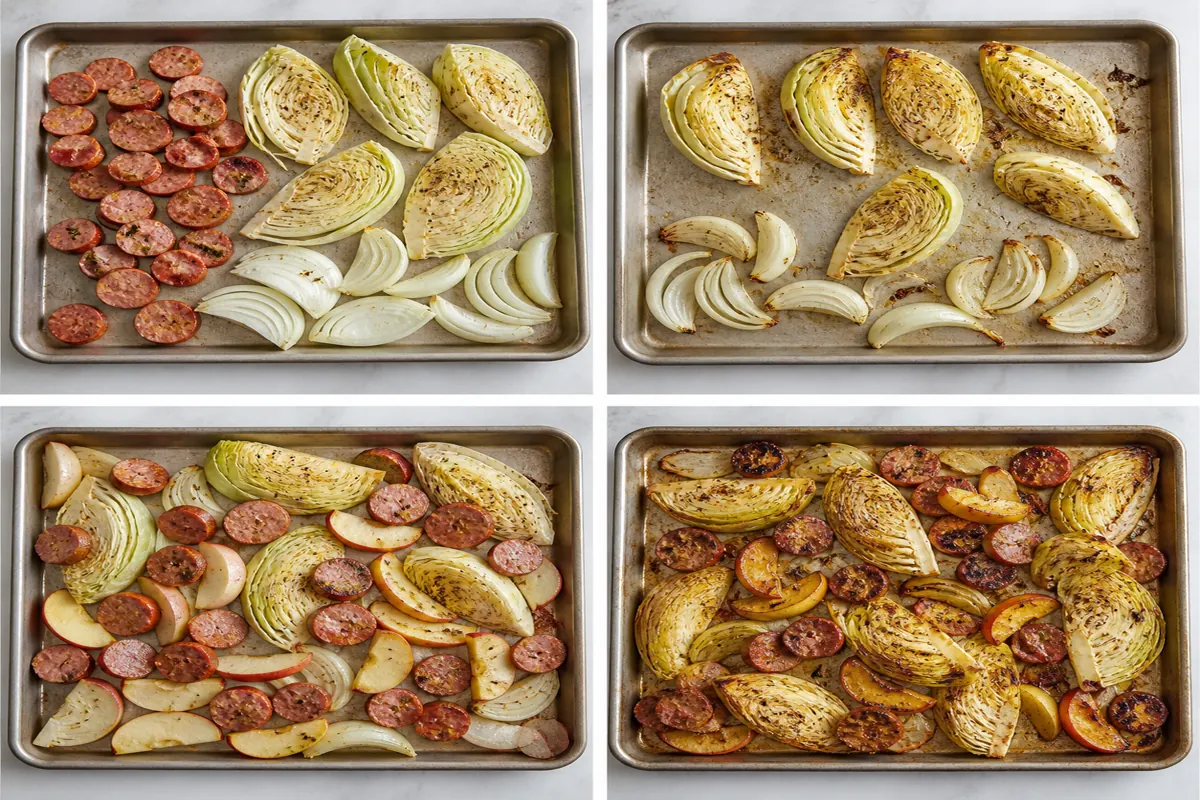 Sheet-pan sausage cabbage and apples through staged roasting and final browning