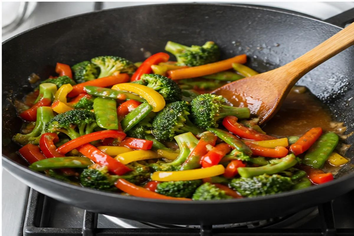 Balanced stir-fry sauce from measured components through whisking, slurry, and coating vegetables