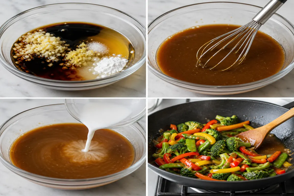 Balanced stir-fry sauce from measured components through whisking, slurry, and coating vegetables