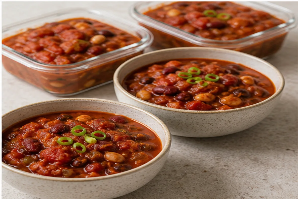 Smoky three-bean chili from pantry ingredients through sautéing, simmering, and meal-prep storage