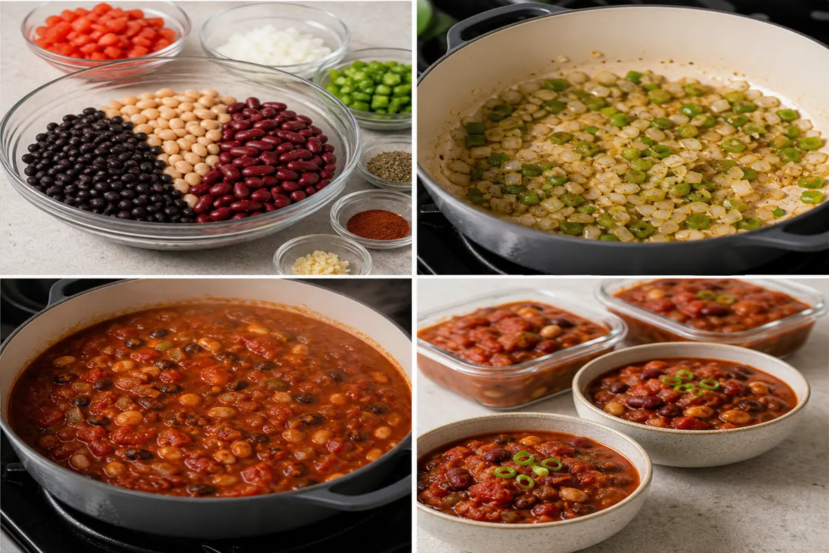 Smoky three-bean chili from pantry ingredients through sautéing, simmering, and meal-prep storage