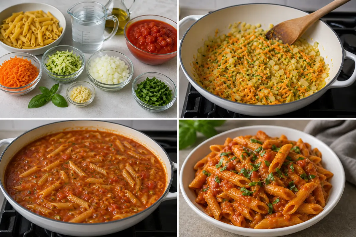 One-pot tomato basil pasta from grated vegetables through sautéing, simmering, and serving