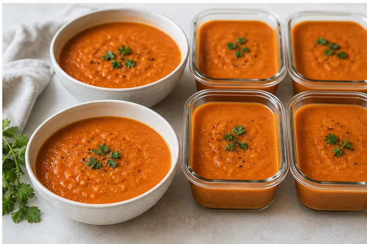 Roasted tomato and red lentil soup from measured ingredients through roasting, simmering, and meal-prep portions