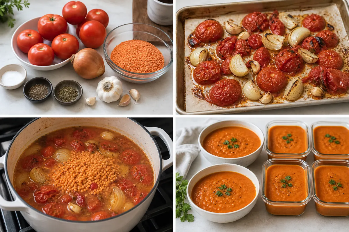 Roasted tomato and red lentil soup from measured ingredients through roasting, simmering, and meal-prep portions