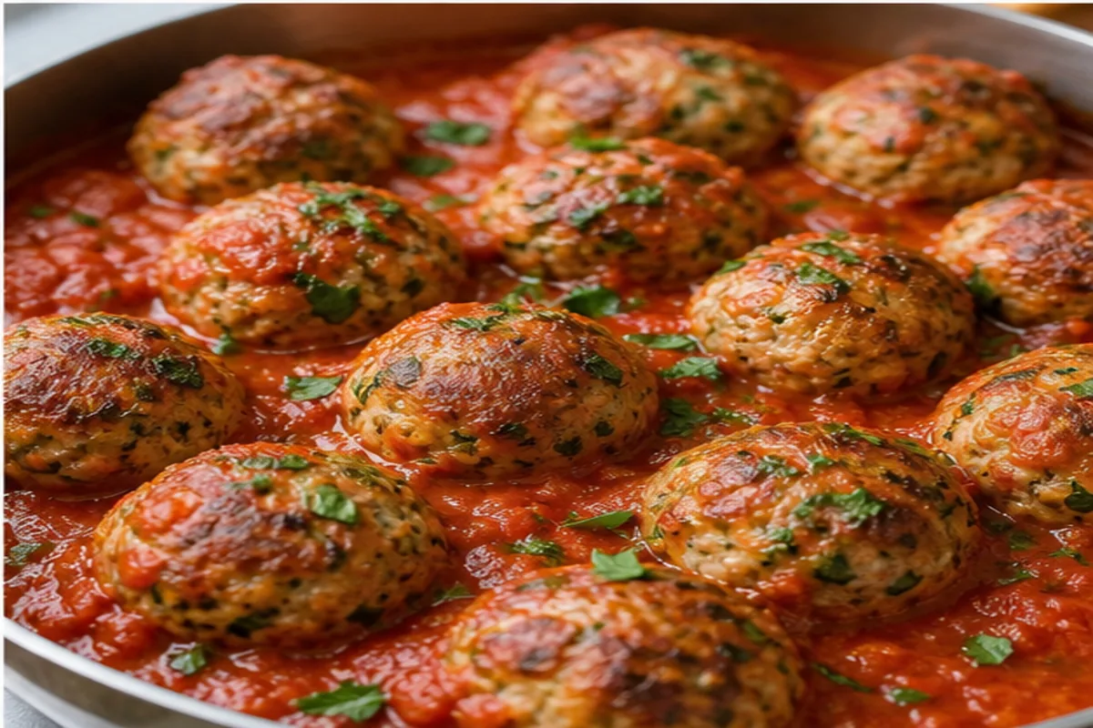 Baked turkey meatballs from mixing and shaping through baking and tomato herb sauce