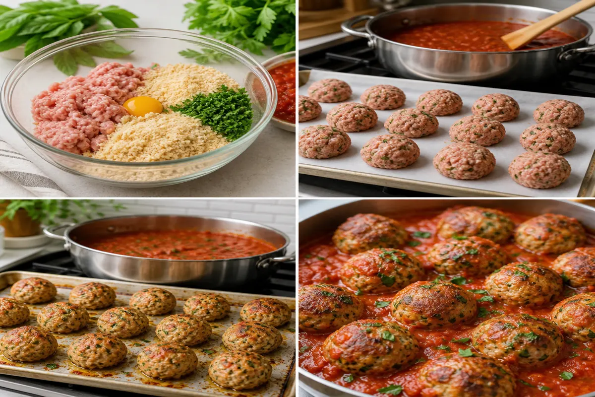Baked turkey meatballs from mixing and shaping through baking and tomato herb sauce