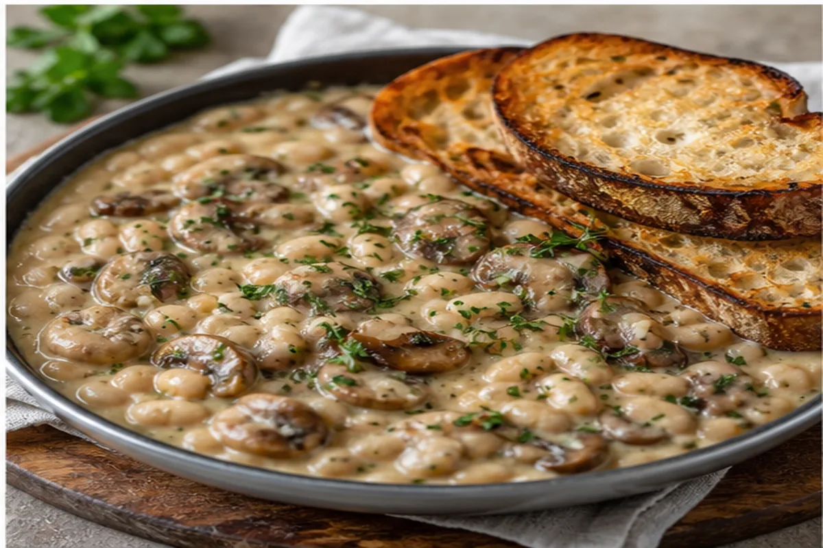 Creamy white bean and mushroom skillet from ingredients through browning, simmering, and serving