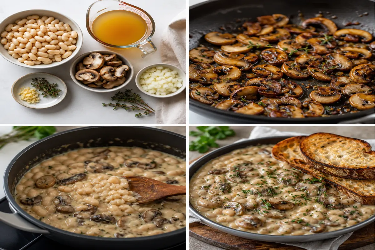 Creamy white bean and mushroom skillet from ingredients through browning, simmering, and serving